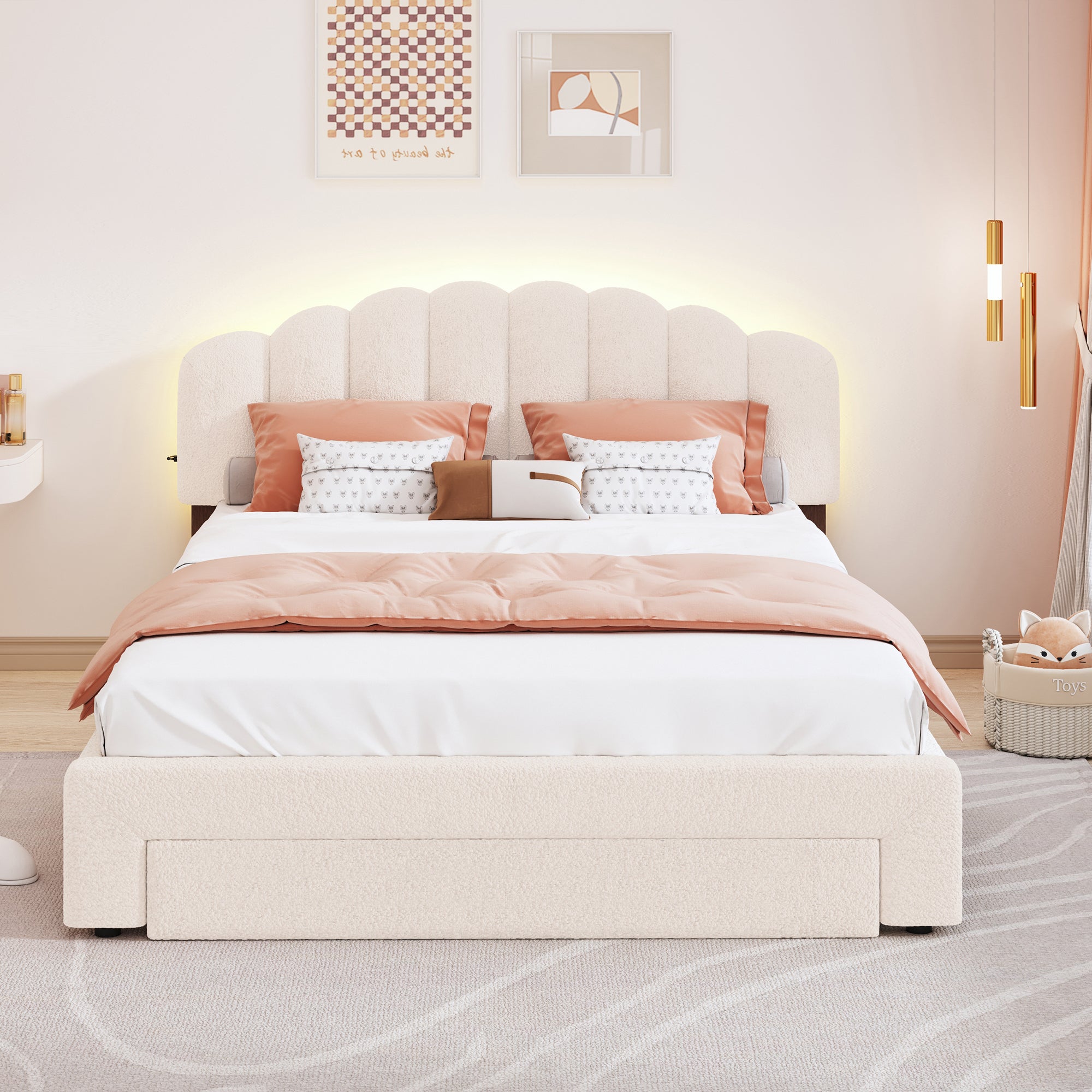 Teddy Fleece Queen Size Upholstered Platform Bed with Drawer, Beige - Atlantic Fine Furniture Melbourne FL