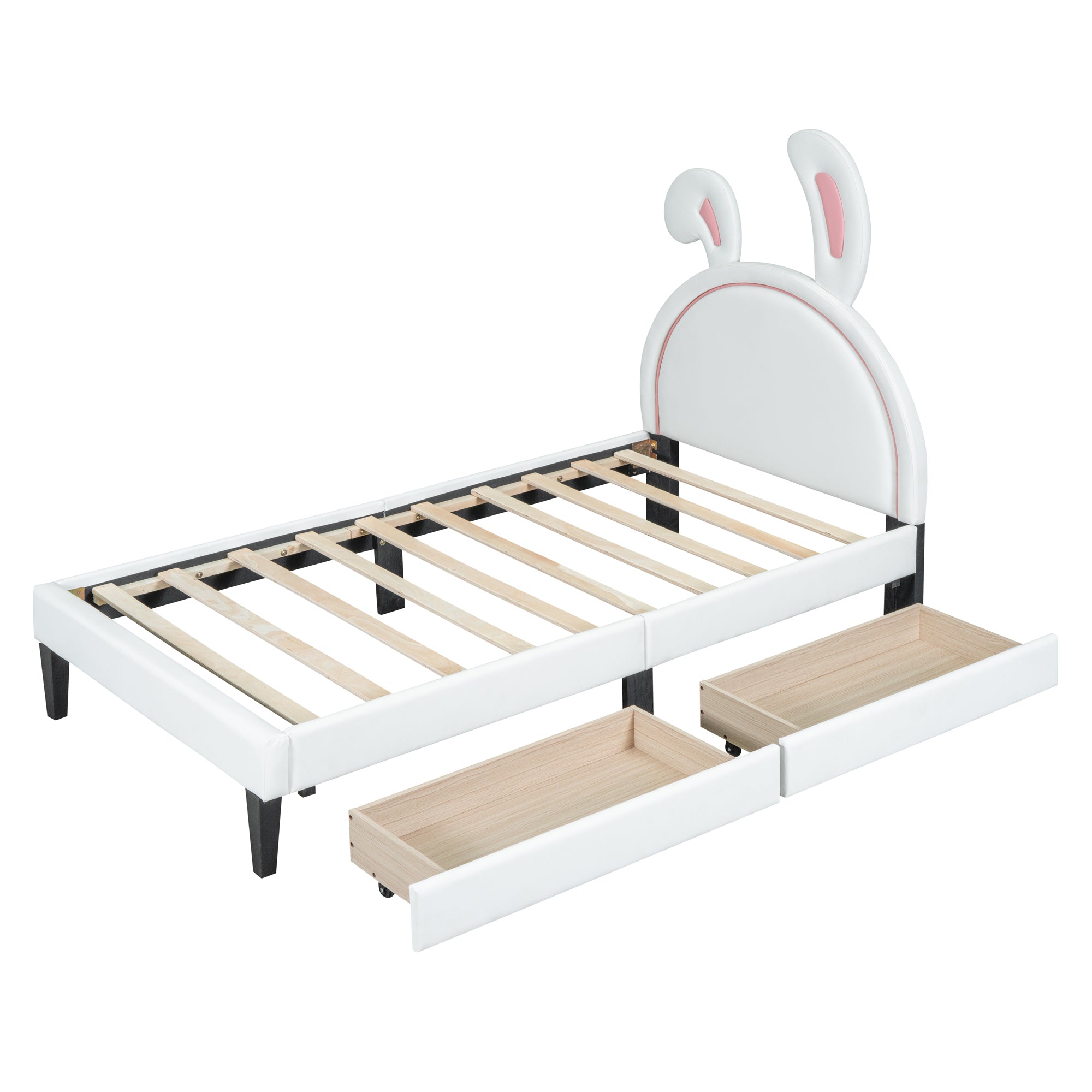 Twin Size Upholstered Leather Platform Bed with Rabbit Ornament and 2 Drawers, White - Atlantic Fine Furniture Melbourne FL