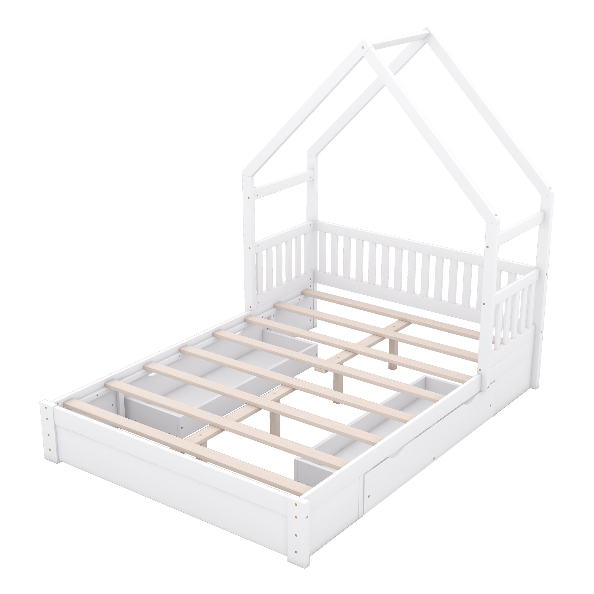 Wood Queen Size House Platform Bed with Guardrail and 2 Drawers, White (Expected Arrival Time:4.26) - Atlantic Fine Furniture Melbourne FL