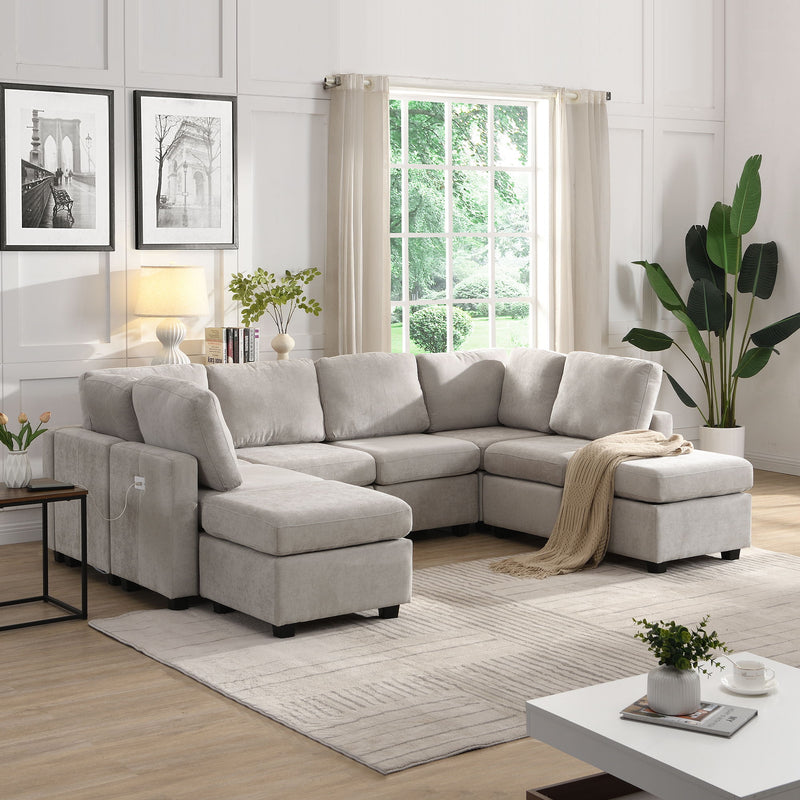 Sectional Sofa Couch Sofa Bed U-Shaped Sofa With Two Movable Ottoman And Three USB Ports For Living Room