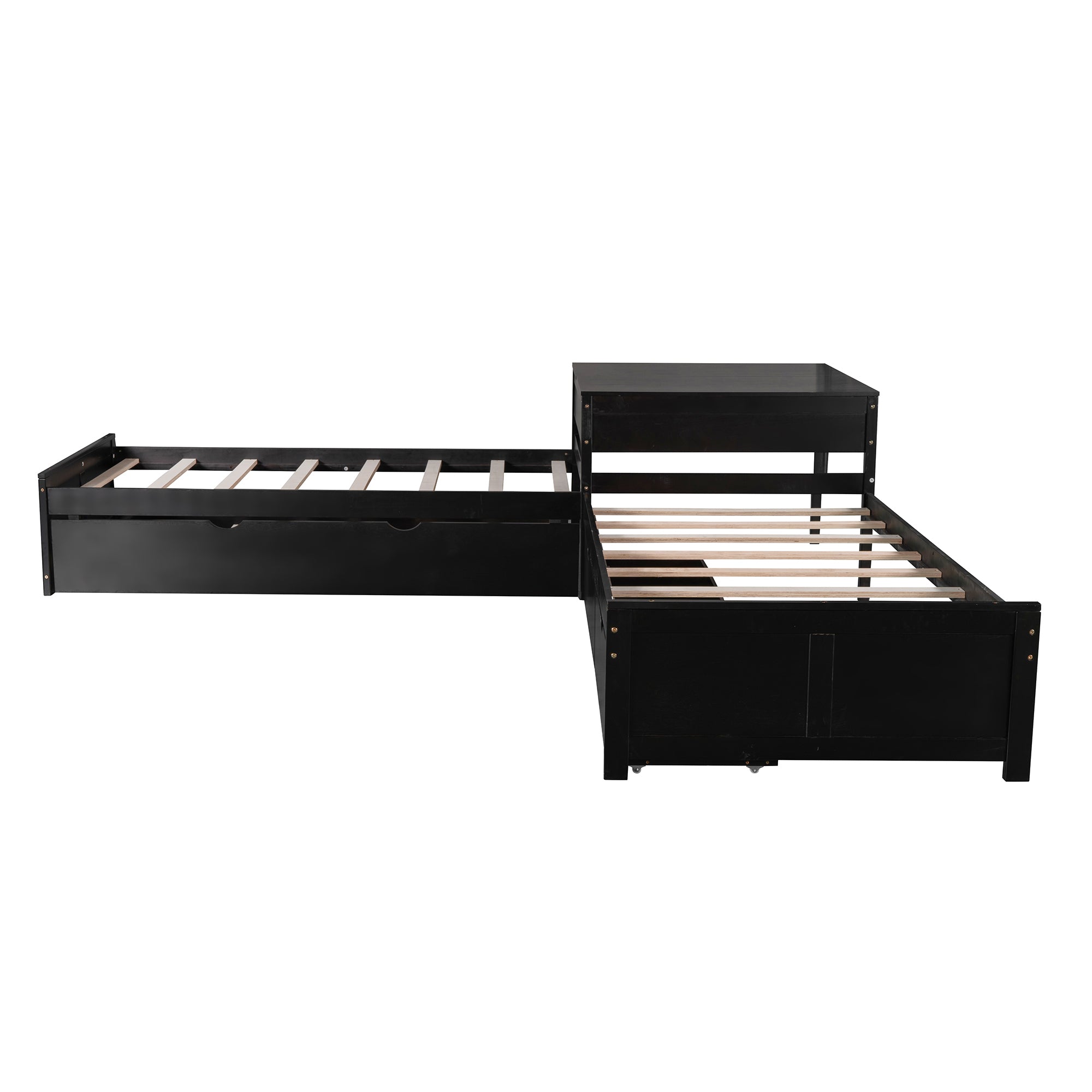 L-shaped Platform Bed with Trundle and Drawers Linked with built-in Desk,Twin,Espresso - Atlantic Fine Furniture Melbourne FL