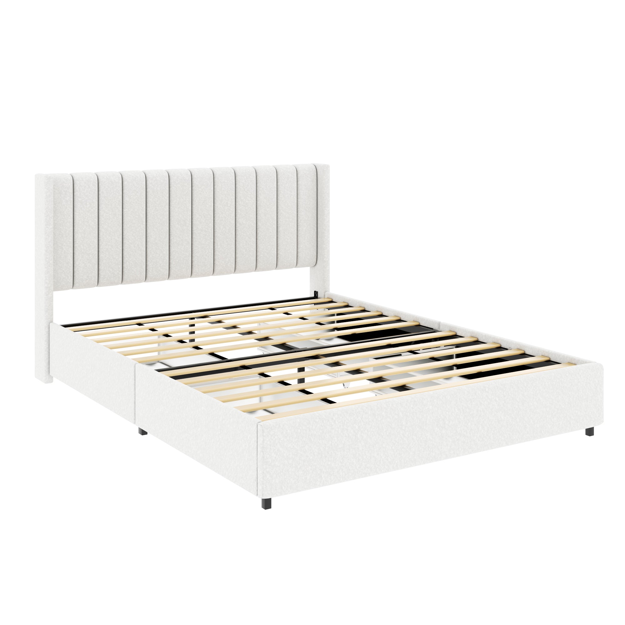 Anda Queen Size Ivory Boucle Upholstered Platform Bed with Patented 4 Drawers Storage, Tufted Headboard, Wooden Slat Mattress Support, No Box Spring Needed. - Atlantic Fine Furniture Melbourne FL
