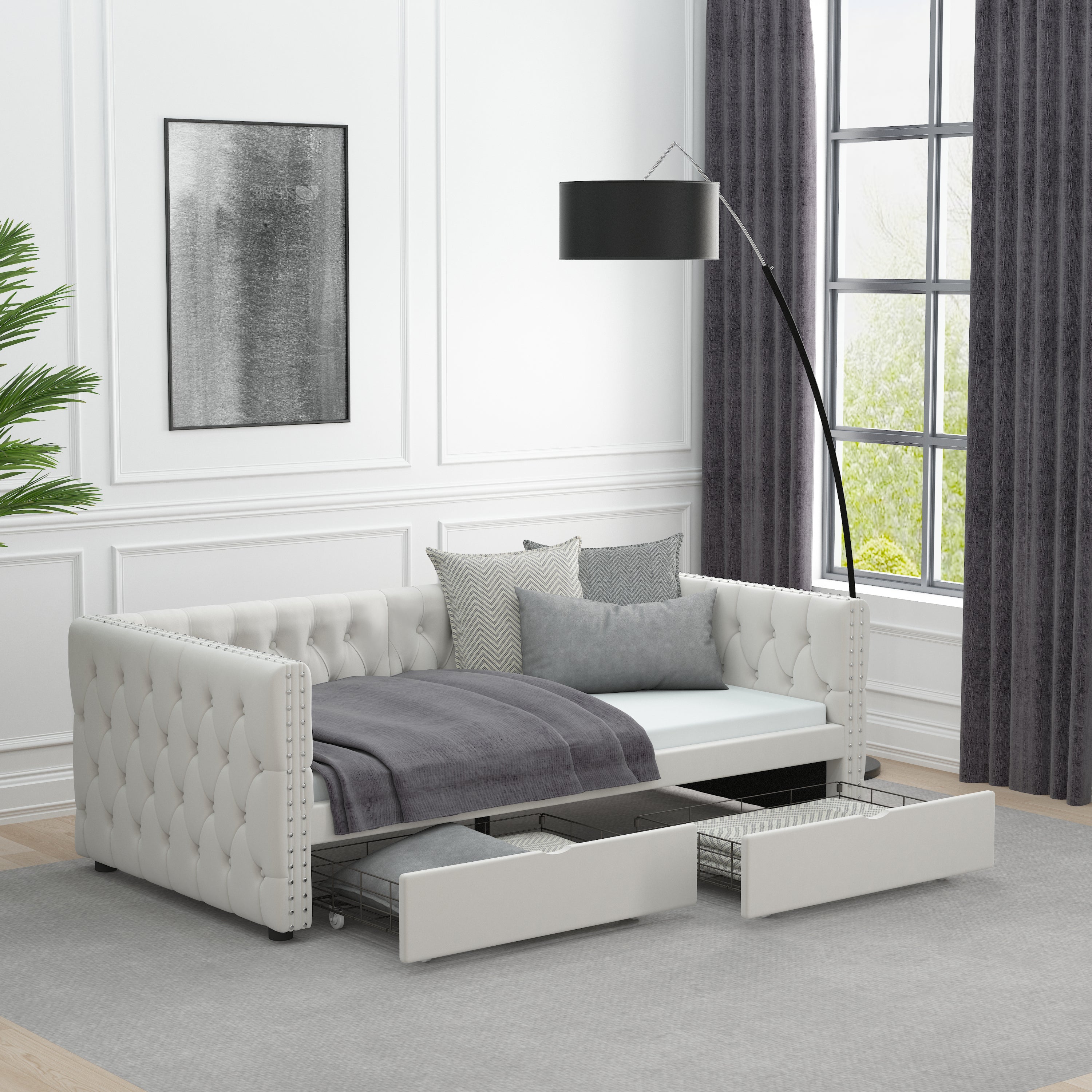 Twin Size Daybed with Drawers Upholstered Tufted Sofa Bed, with Button on Back and Copper Nail on Waved Shape Arms, velvet(79.5"x41.5"x26.5") - Atlantic Fine Furniture Melbourne FL