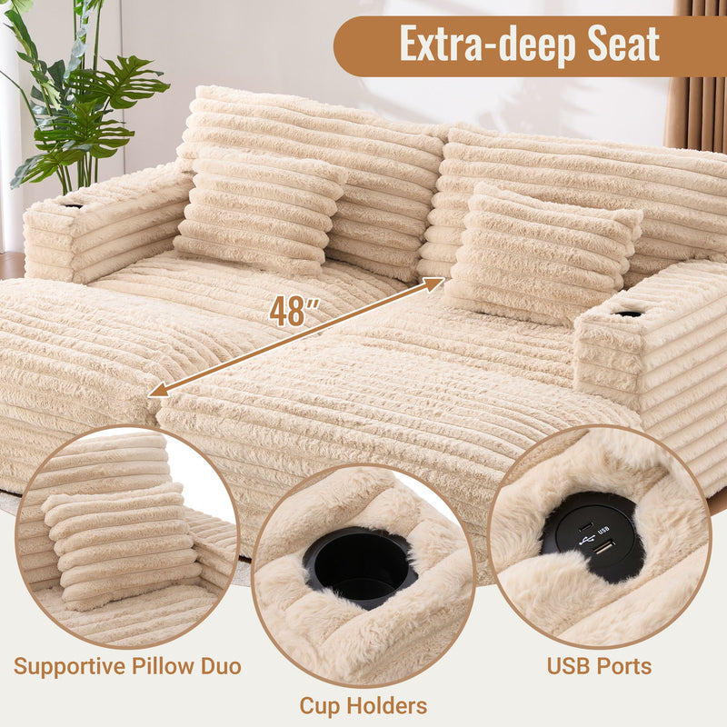 Plush Oversized Double Chaise Lounge Sofa Bed With USB Ports And Cup Holders