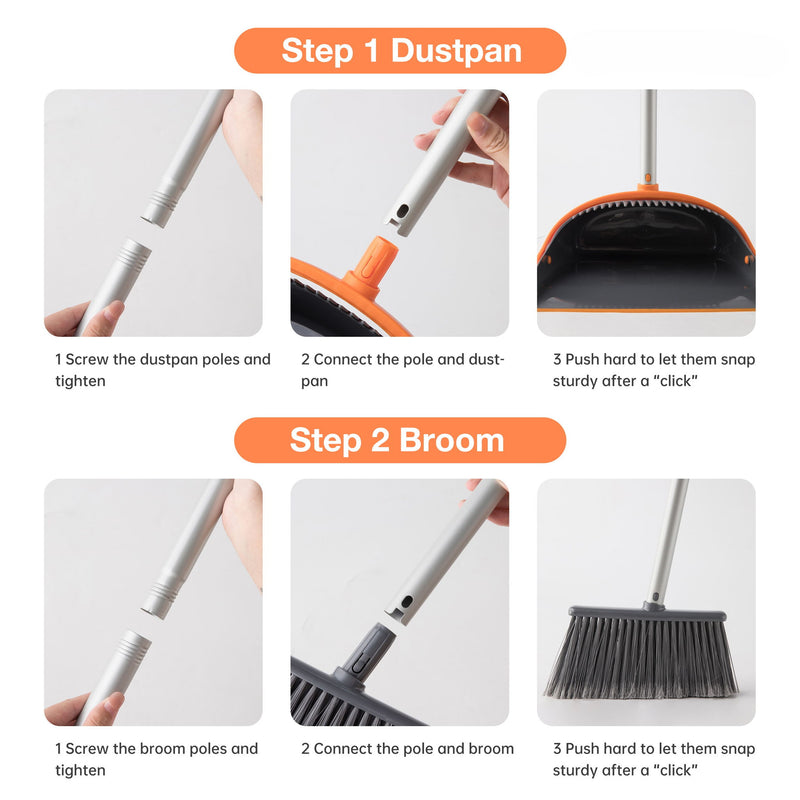 Efficient Home Cleaning Combo Broom And Dustpan Set With Long Handle Sturdy Design - Orange