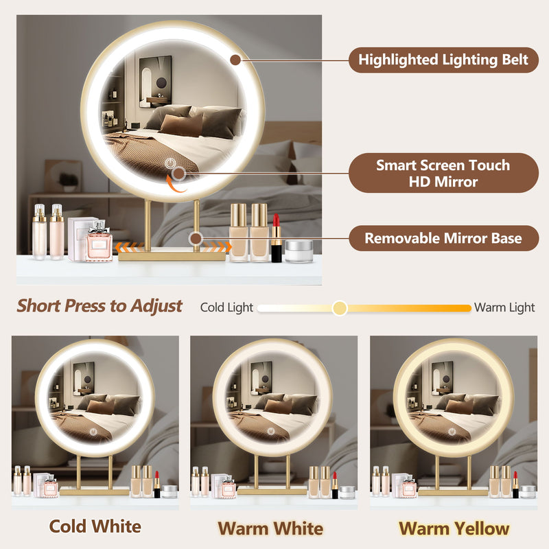 Makeup Vanity Desk With Lighted Mirror, Luxury Dressing Table With 2 Drawers And 1 Cabinet, 3 Lighting Modes Available For Bedroom - White / Gold