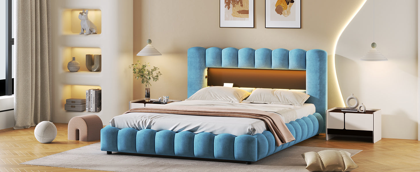 Queen Size Upholstered Platform Bed with LED Headboard and USB, Blue - Atlantic Fine Furniture Melbourne FL