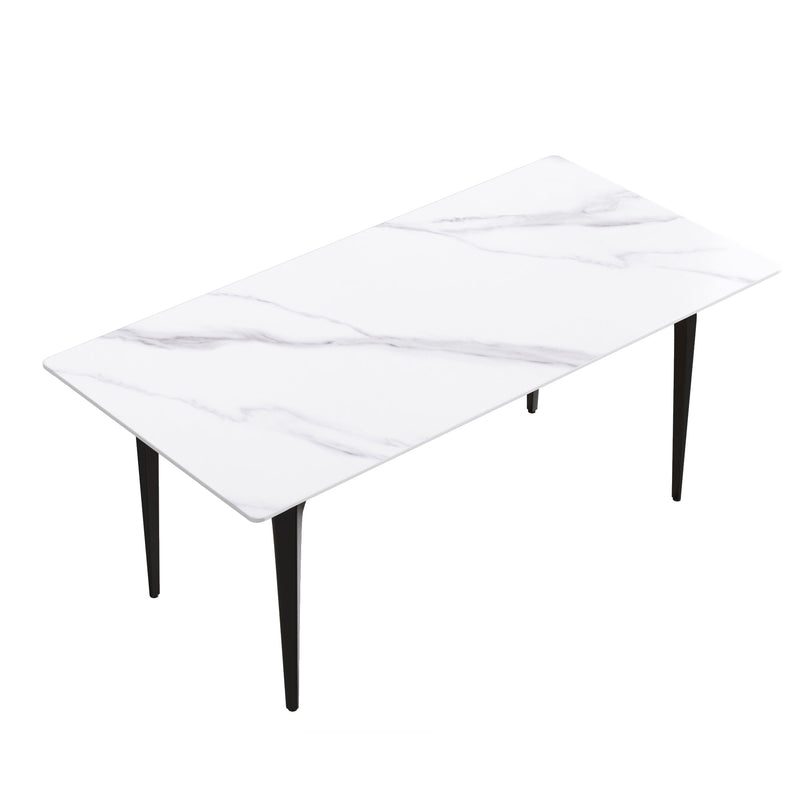 70.87" Modern Artificial Stone White Straight Edge Black Metal Leg Dining Table, Can Accommodate 6-8 People - White / Black