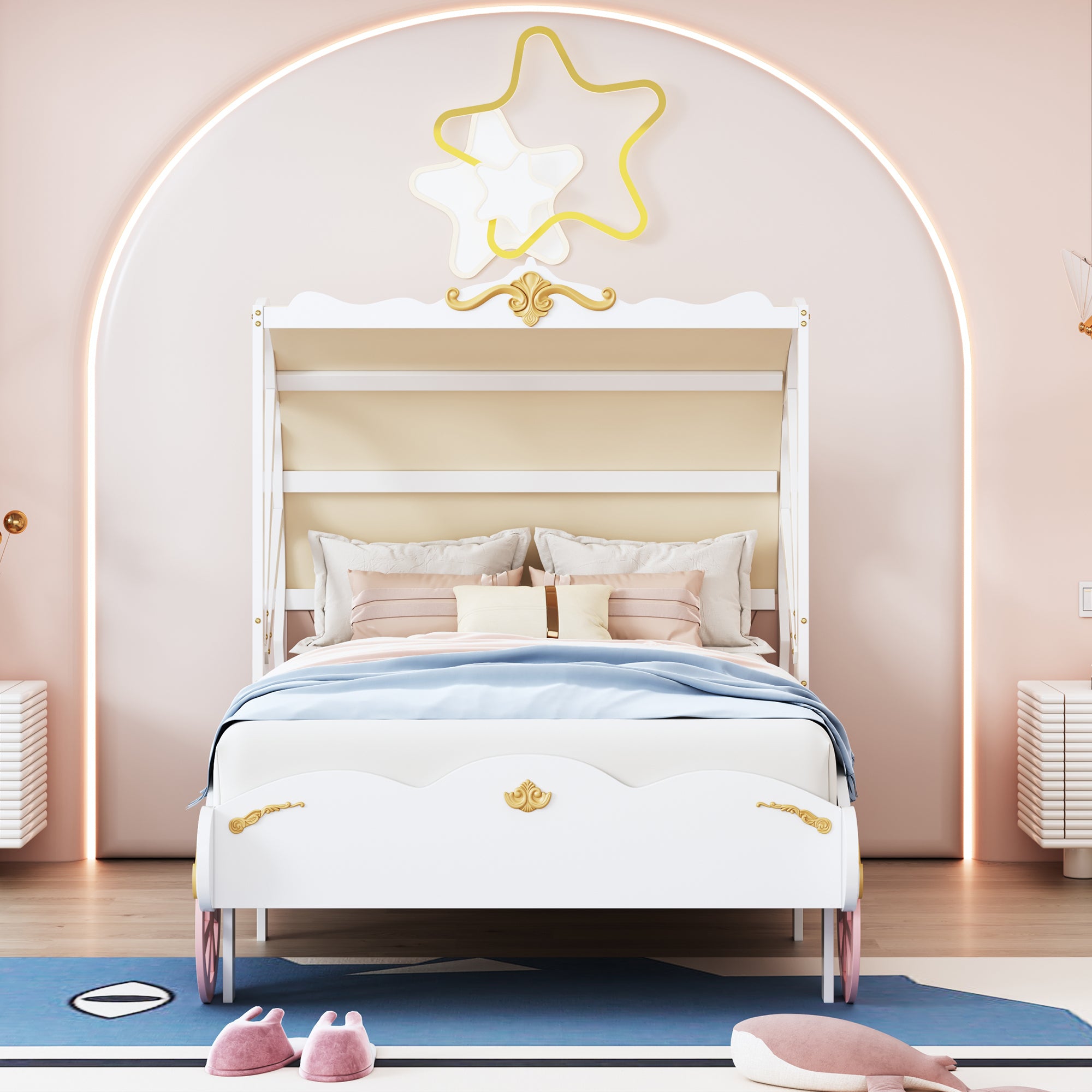 Twin Size Princess Carriage Bed with Canopy, Wood Platform Car Bed with 3D Carving Pattern, White+Pink+Gold - Atlantic Fine Furniture Melbourne FL