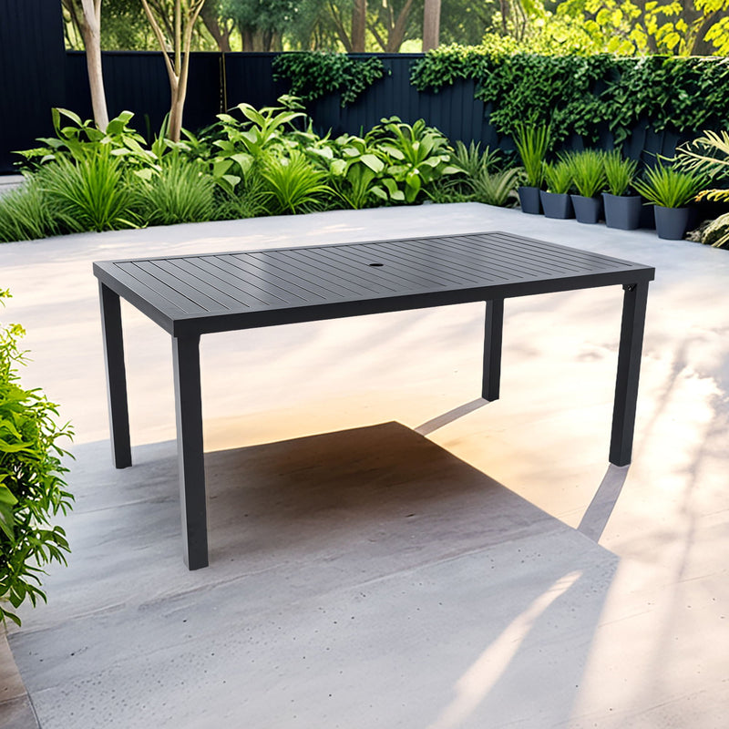 Modern Rectangular Outdoor Patio Dining Table With Post Leg Design, Rust Free & Weather Resistant, Adjustable Foot Pads, Umbrella Hole With Matching Cover - Ember Black