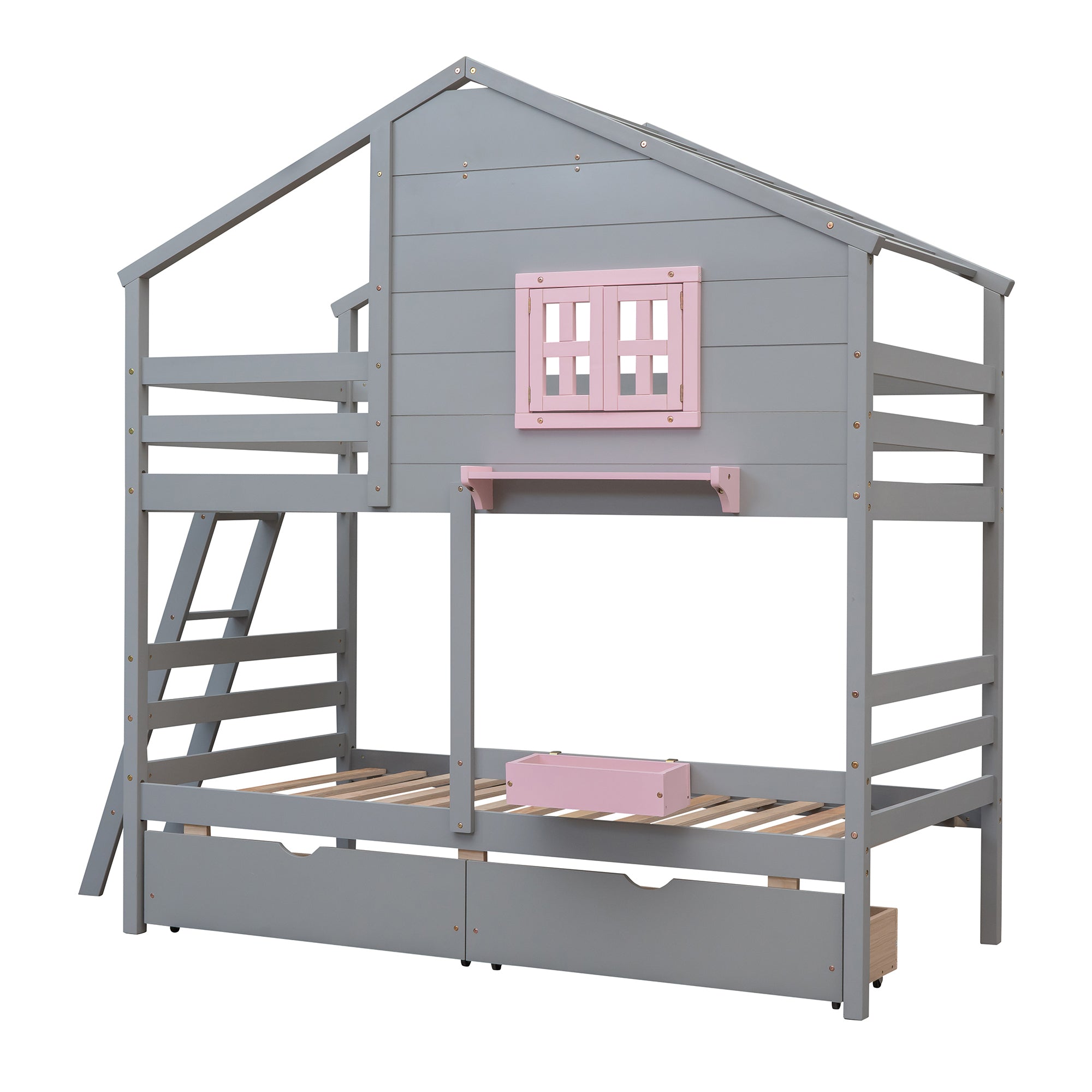 Twin over Twin Bunk Bed with 2 Drawers, 1 Storage Box, 1 Shelf, Window and Roof-Gray(OLD SKU:LT000608AAE) - Atlantic Fine Furniture Melbourne FL