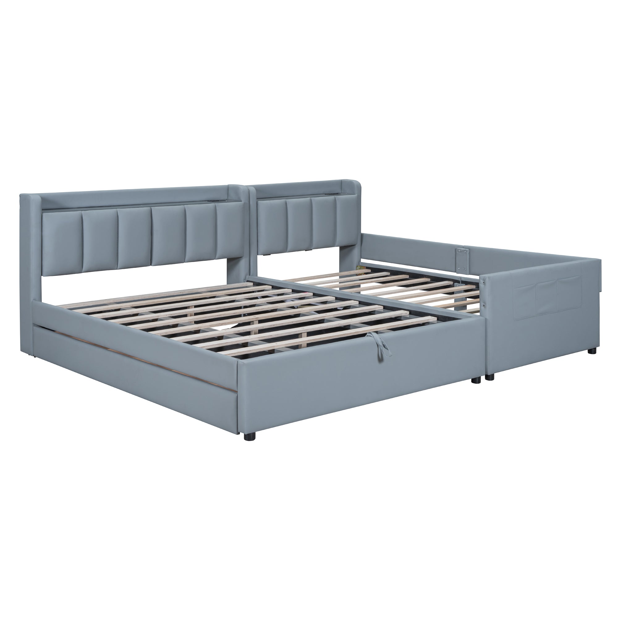 Queen Size & Twin XL Size Upholstered Platform Bed, Mother & Child Bed with Hydraulic Storage System, Drawer Box, Bedhead storage shelf and Two pairs of sockets & USB Ports, PU Leather, Gray - Atlantic Fine Furniture Melbourne FL