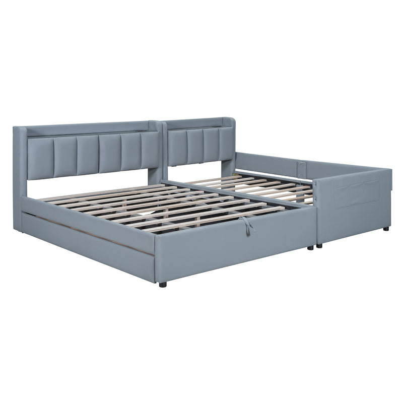 Queen Size & Twin XL Size Upholstered Platform Bed, Mother & Child Bed with Hydraulic Storage System, Drawer Box, Bedhead storage shelf and Two pairs of sockets & USB Ports, PU Leather, Gray