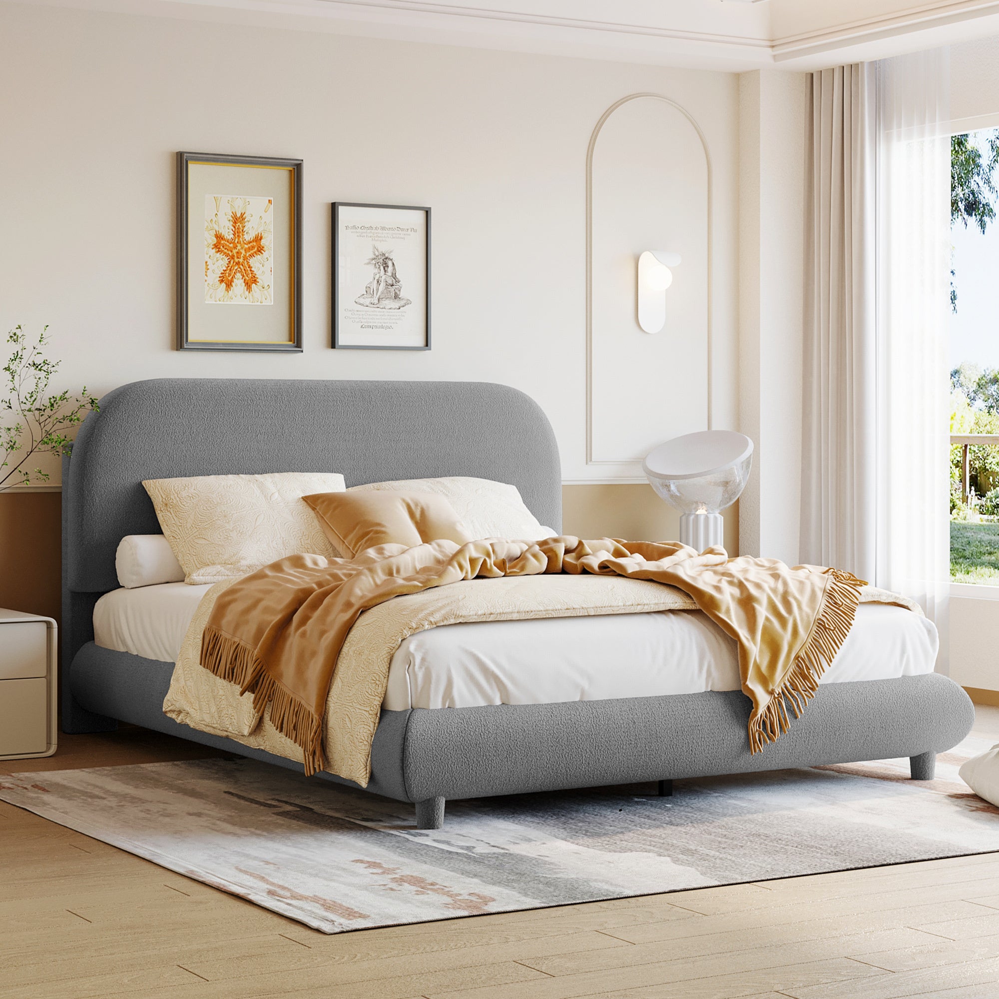 Teddy Fleece Full Size Upholstered Platform Bed with Thick Fabric, Solid Frame and Stylish Curve-shaped Design, Gray - Atlantic Fine Furniture Melbourne FL