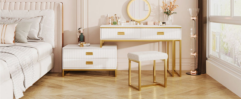 Modern Style Vanity Table With Movable Side Cabinet And 4 Drawers, Large Size Dressing Table With Mirror And 3 Colors Led Light, Makeup Table With Stool - White / Golden