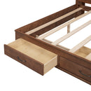 Full Size Wooden Daybed with 3 Storage Drawers, Upper Soft Board, shelf, and a set of Sockets and USB Ports, Brown