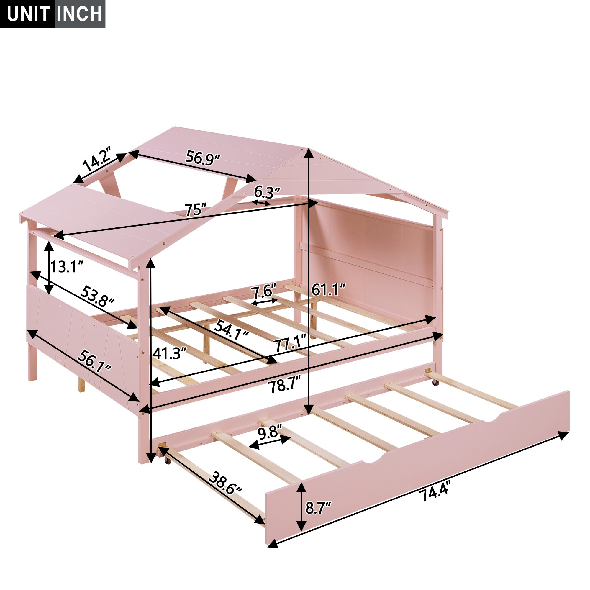 Wood Full Size House Bed with Twin Size Trundle and Storage, Pink - Atlantic Fine Furniture Melbourne FL