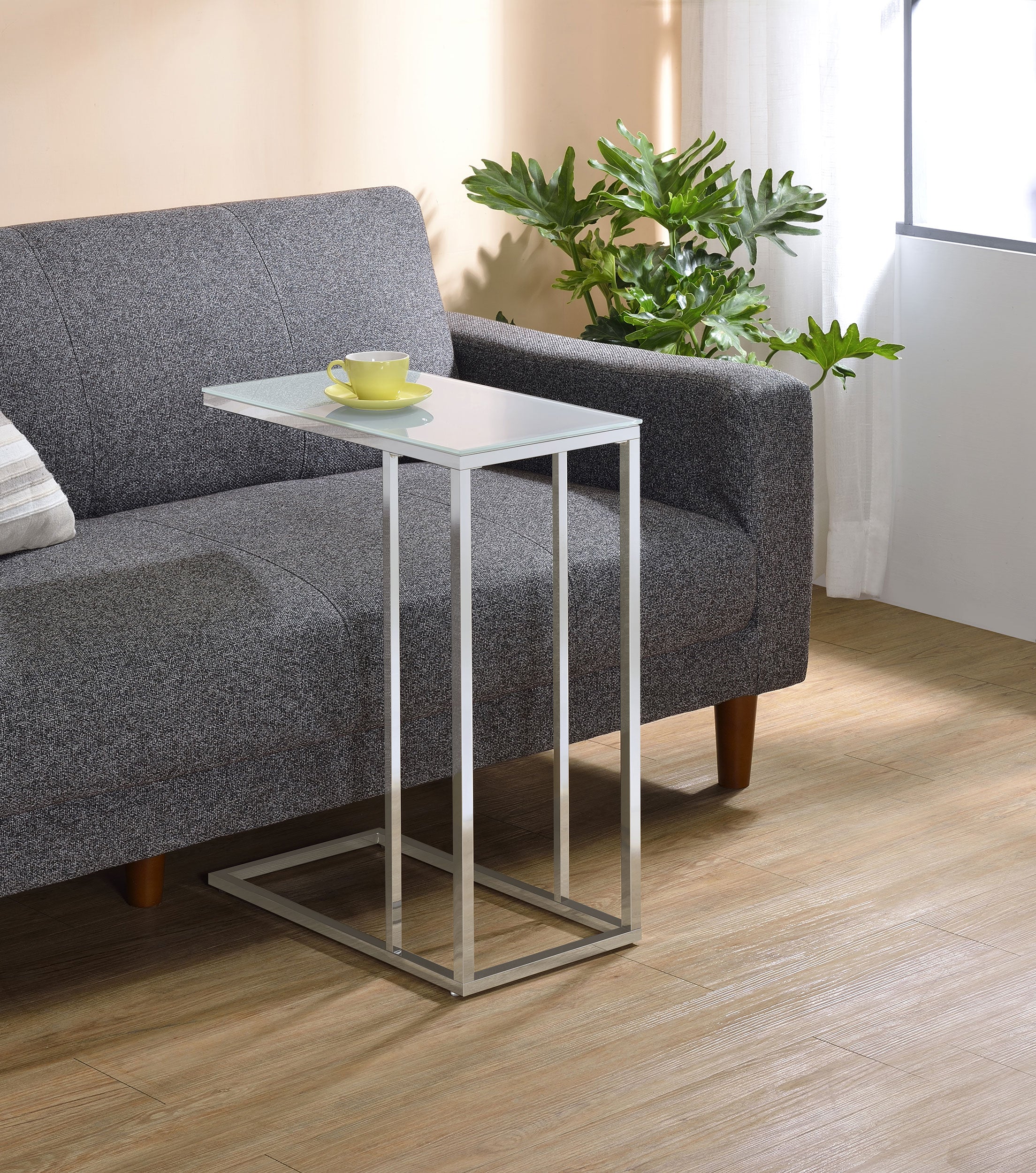 Stella White Glass Top C-Shaped Sofa Side Table Chrome — view 2