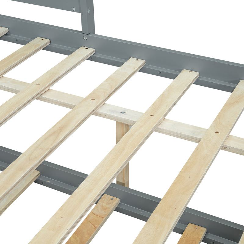 Full Size Wood House Bed with Fence and Writing Board, Gray