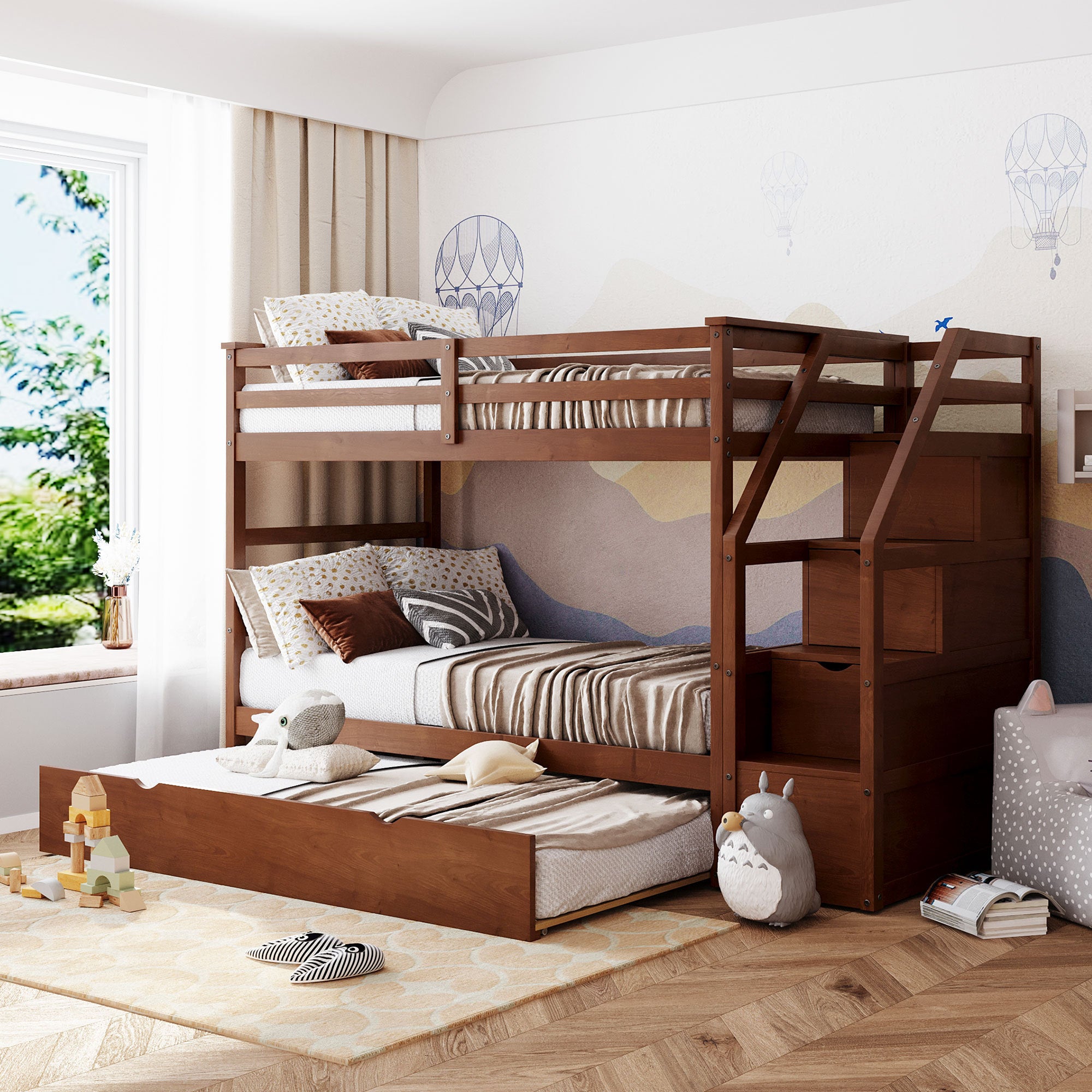 Twin-Over-Twin Bunk Bed with Twin Size Trundle and 3 Storage Stairs,Walnut (OLD SKU :LP000064AAD) - Atlantic Fine Furniture Melbourne FL
