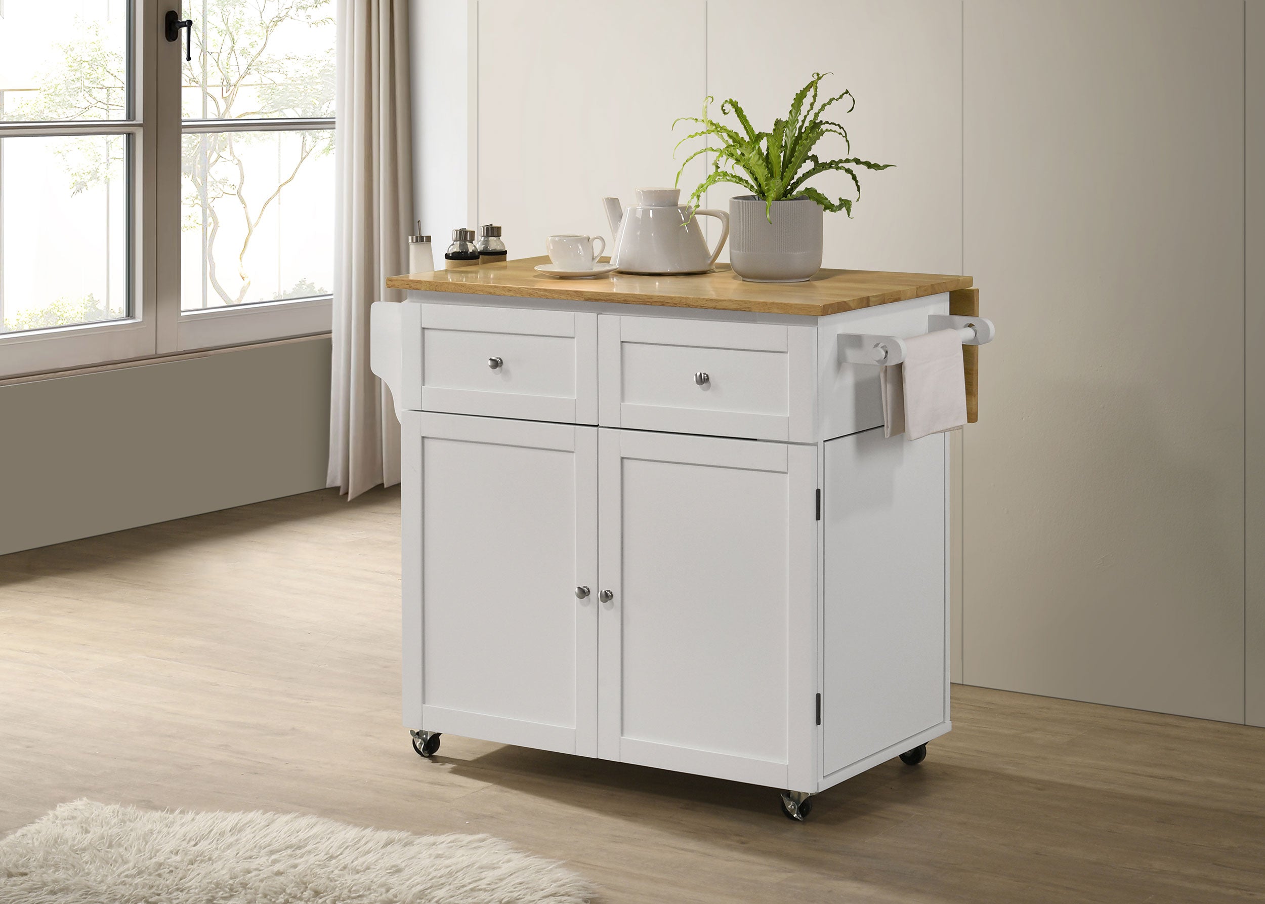 Jalen 3-door Mobile Kitchen Cart Natural Brown and White — view 2