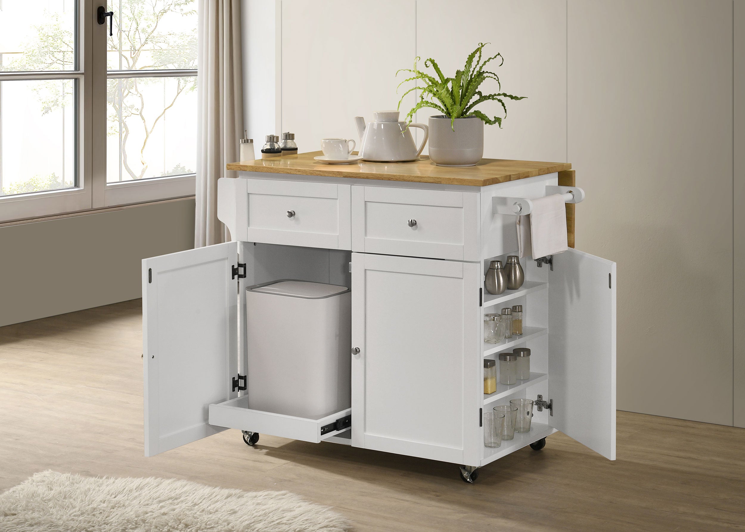 Jalen 3-door Mobile Kitchen Cart Natural Brown and White — view 3