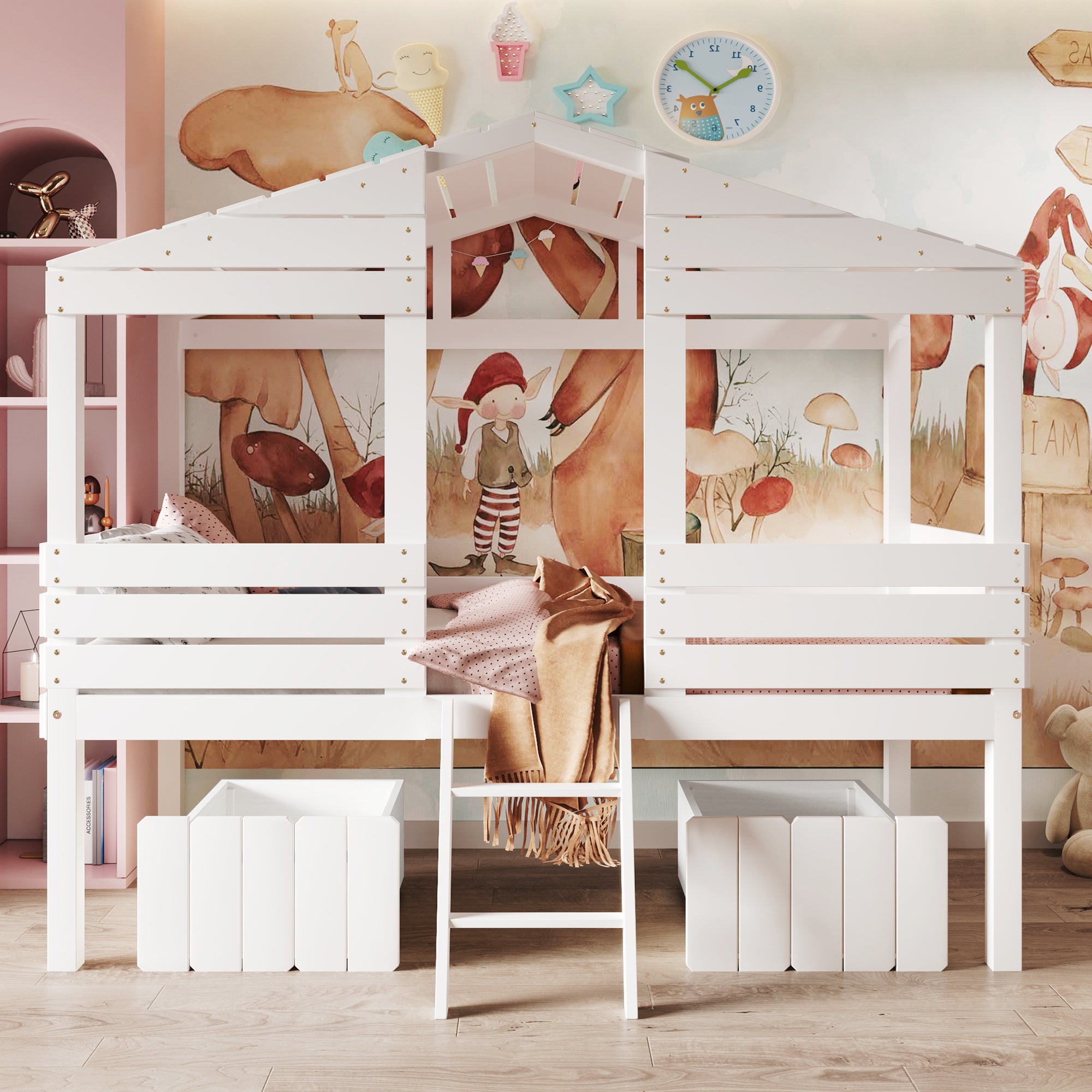 Twin Size Low Loft Wood House Bed with Two Drawers, White - Atlantic Fine Furniture Melbourne FL