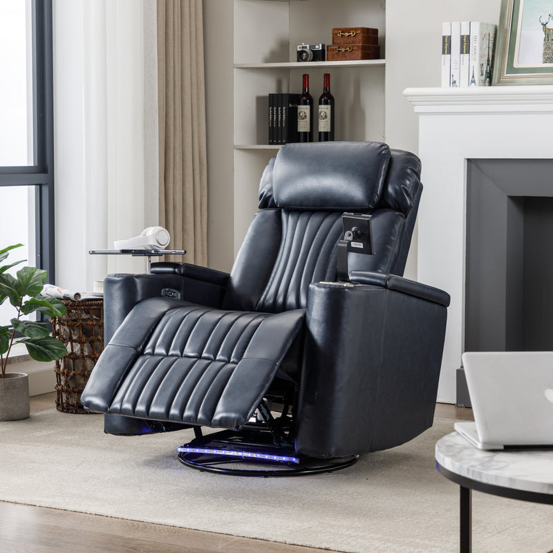 270° Power Swivel Recliner,Home Theater Seating With Hidden Arm Storage and  LED Light Strip,Cup Holder,360° Swivel Tray Table,and Cell Phone Holder,Soft Living Room Chair (Old SKU:SG000750AAC),Blue