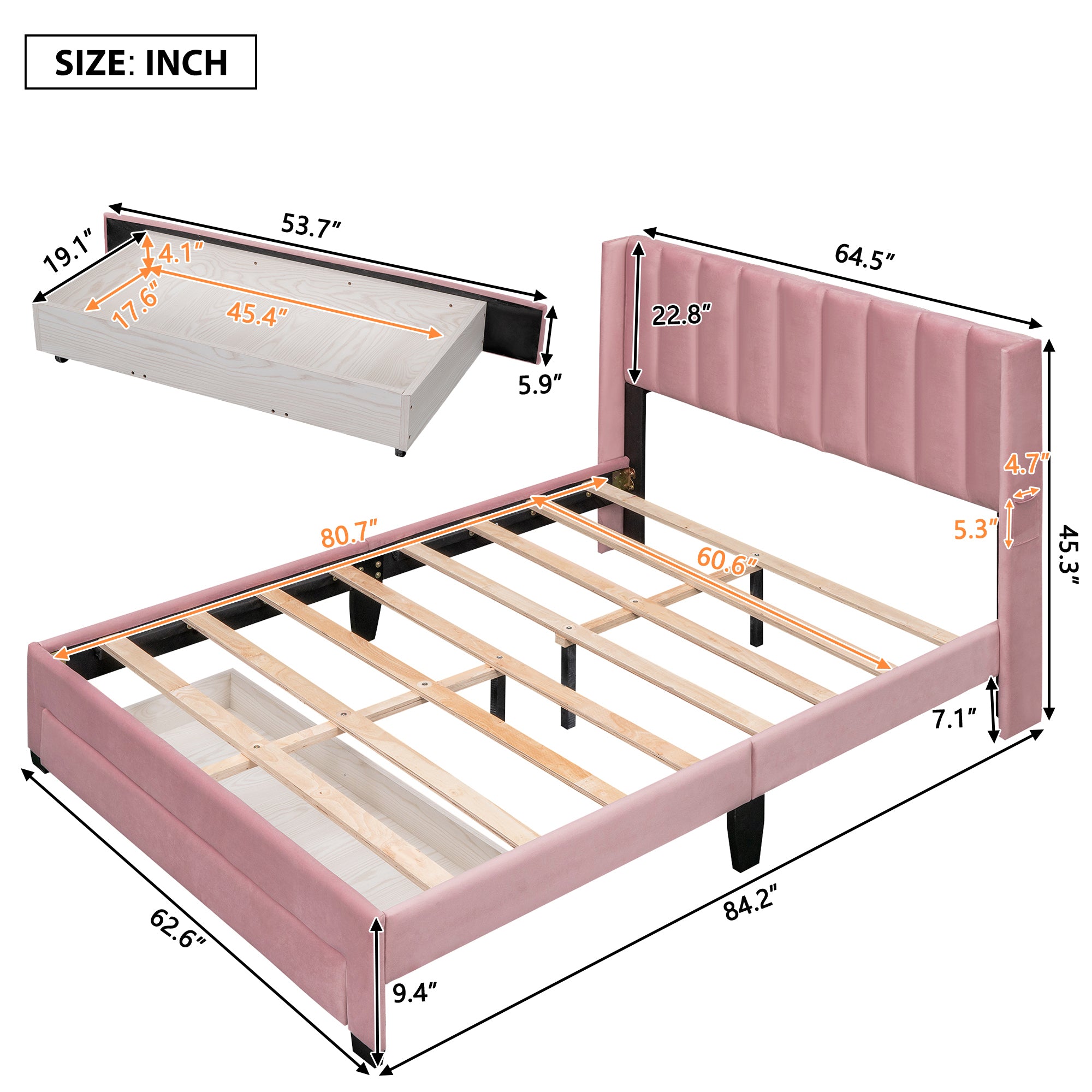 Queen Size Storage Bed Velvet Upholstered Platform Bed with a Big Drawer - Pink - Atlantic Fine Furniture Melbourne FL