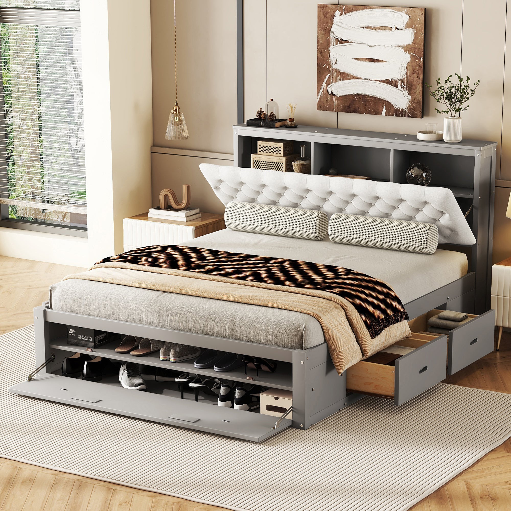 Wood Queen Size Platform Bed with Storage Headboard, shoe rack and 4 drawers,Gray - Atlantic Fine Furniture Melbourne FL