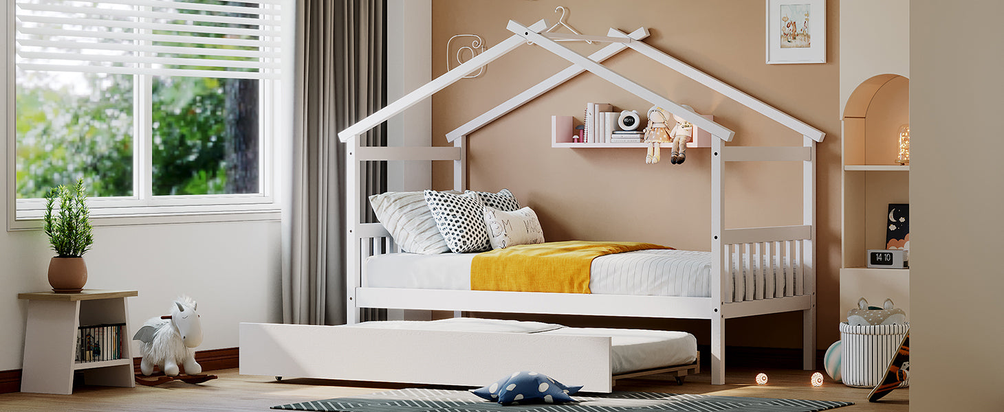 Twin Size Wooden House Bed with Twin Size Trundle, White - Atlantic Fine Furniture Melbourne FL