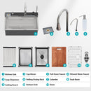 Kitchen Waterfall Sink Single Bowl With LED Faucet, Ledge Workstation, And Multi Function Pull Out Spray - Brushed Nickel