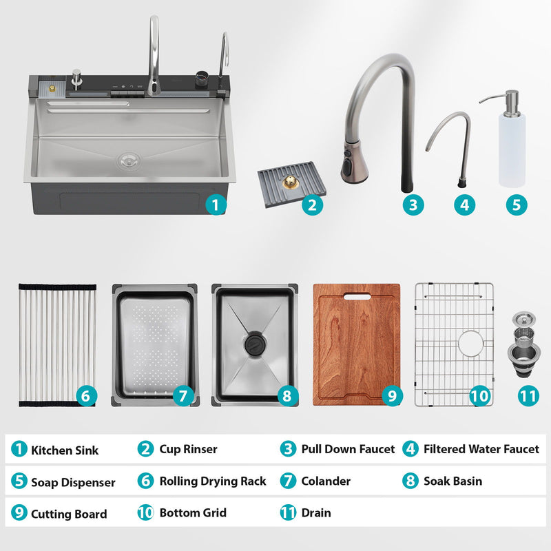 Kitchen Waterfall Sink Single Bowl With LED Faucet, Ledge Workstation, And Multi Function Pull Out Spray - Brushed Nickel