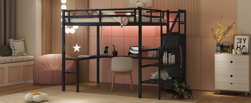 Full XL Size Loft Bed with L-shaped Desk and USB, Metal Loft Bed with Wardrobe and Adjustable Shelf, High Loft Bed with LED for Kids Teens Adults, Black