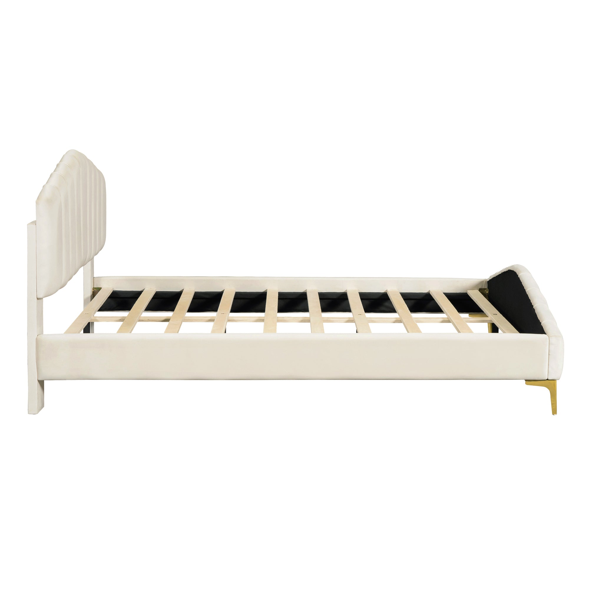 Queen Size Velvet Platform Bed with Thick Fabric, Stylish Stripe Decorated Bedboard and Elegant Metal Bed Leg, Beige - Atlantic Fine Furniture Melbourne FL