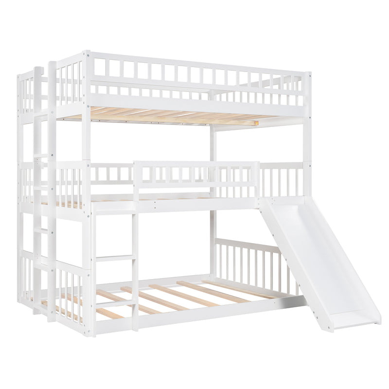 Full-Over-Full-Over-Full Triple Bed with Built-in Ladder and Slide , Triple Bunk Bed with Guardrails, White(OLD SKU :LP000052AAK)