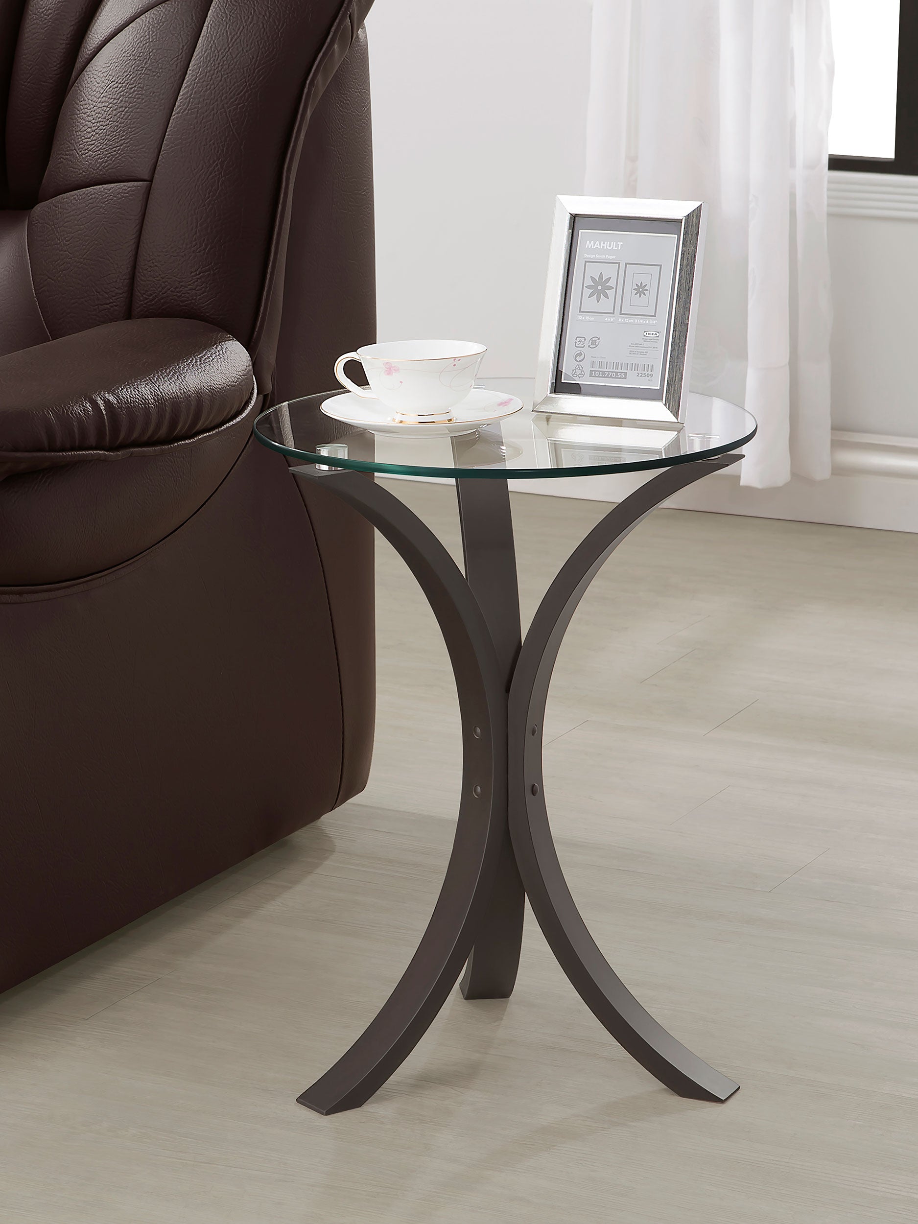 Edgar Round Glass Top Accent Side Table Cappuccino — view 2