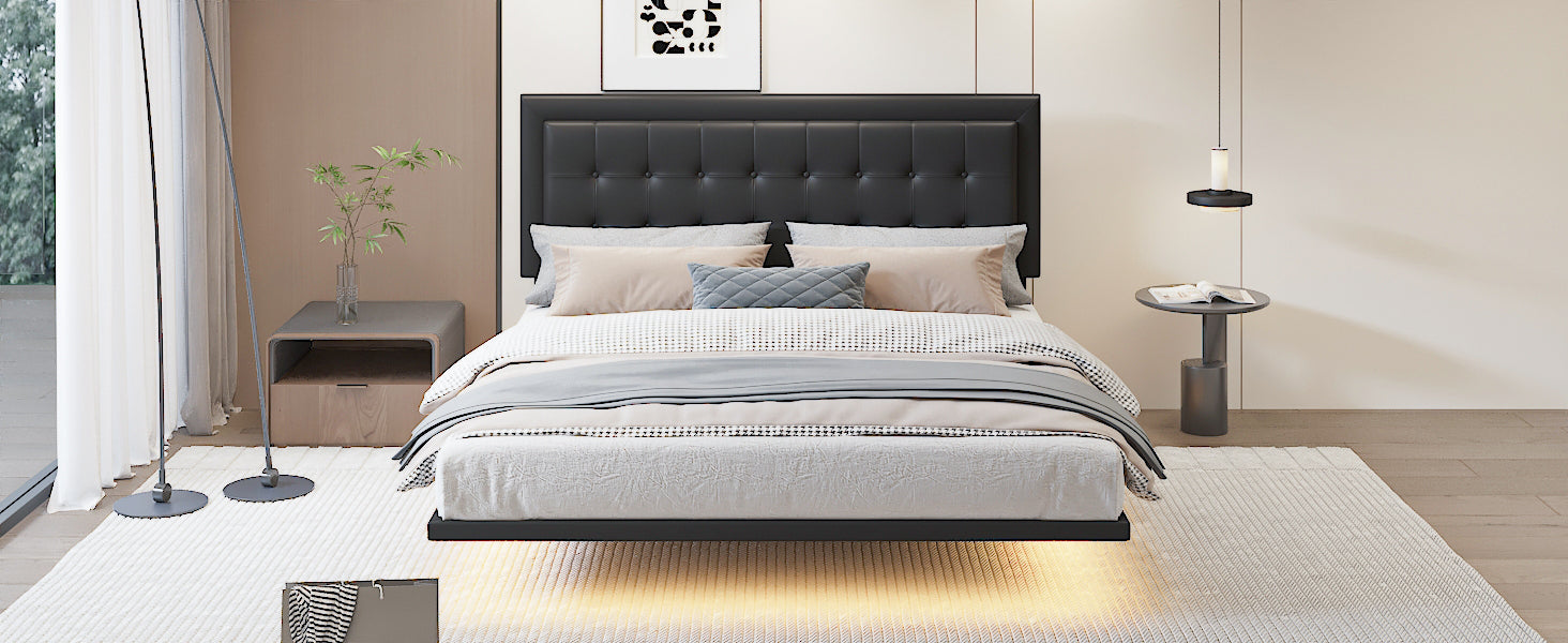 Queen Size Floating Bed Frame with Motion Activated Night Lights,Modern PU Upholstered Button Tufted Platform Bed Frame,Black - Atlantic Fine Furniture Melbourne FL