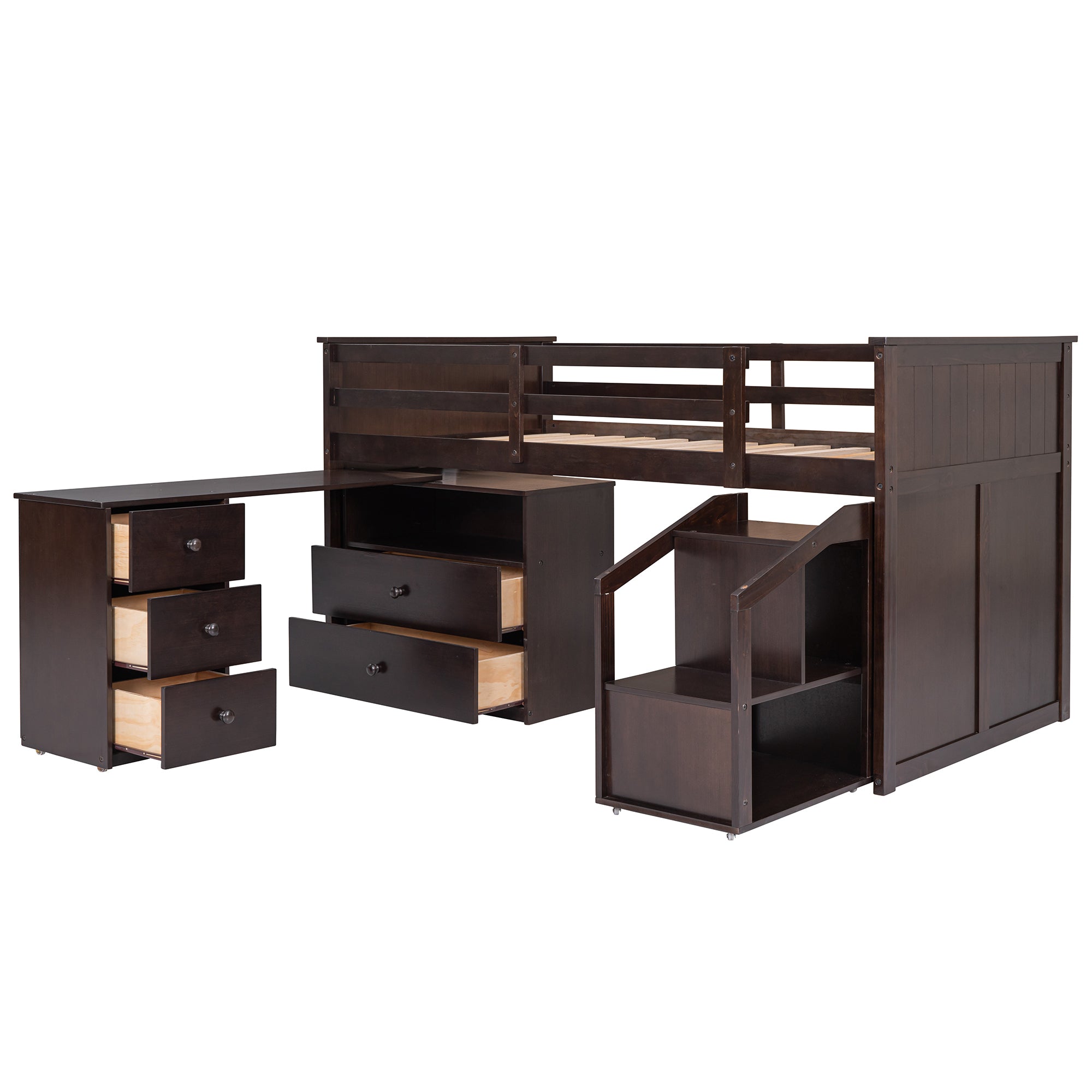 Loft Bed Low Study Twin Size Loft Bed With Storage Steps and Portable,Desk,Espresso(OLD SKU: LT000101AAP) - Atlantic Fine Furniture Melbourne FL