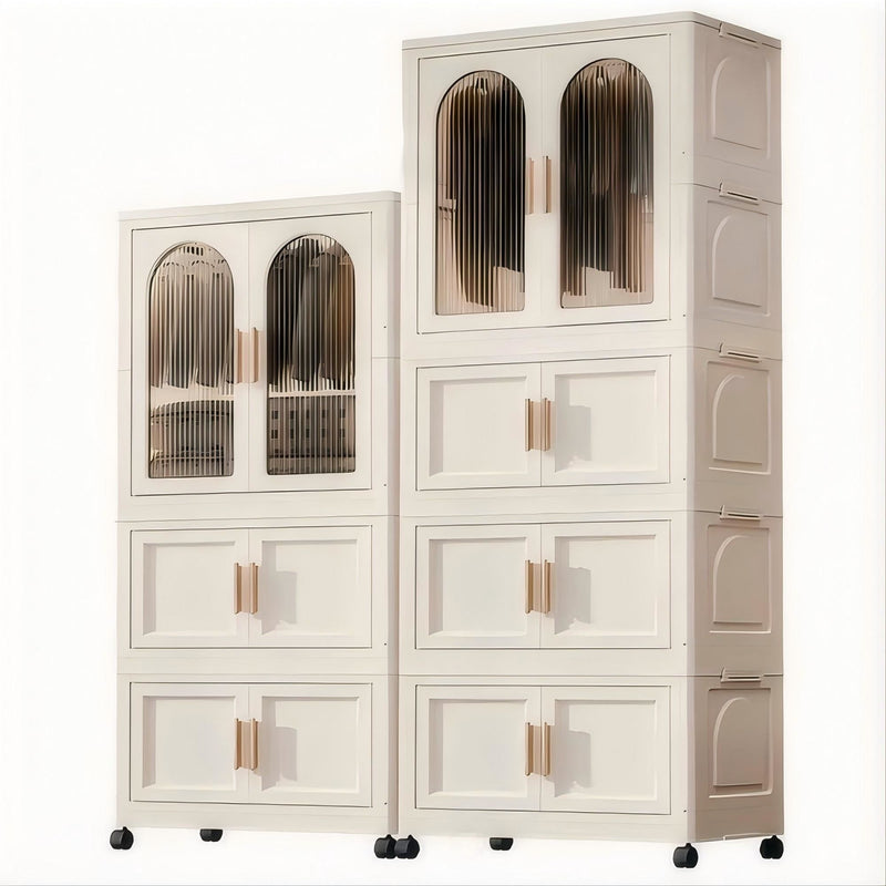 Side Wide Folding Wardrobe, With Magnetic Door, Plastic Storage Cabinet With Wheels (1 Layer Of Wardrobe + 2 Layers Of Folding Boxes + 10 Hangers) - Cream White