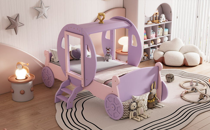 Princess Carriage Bed With Crown, Platform Car Bed With Stair