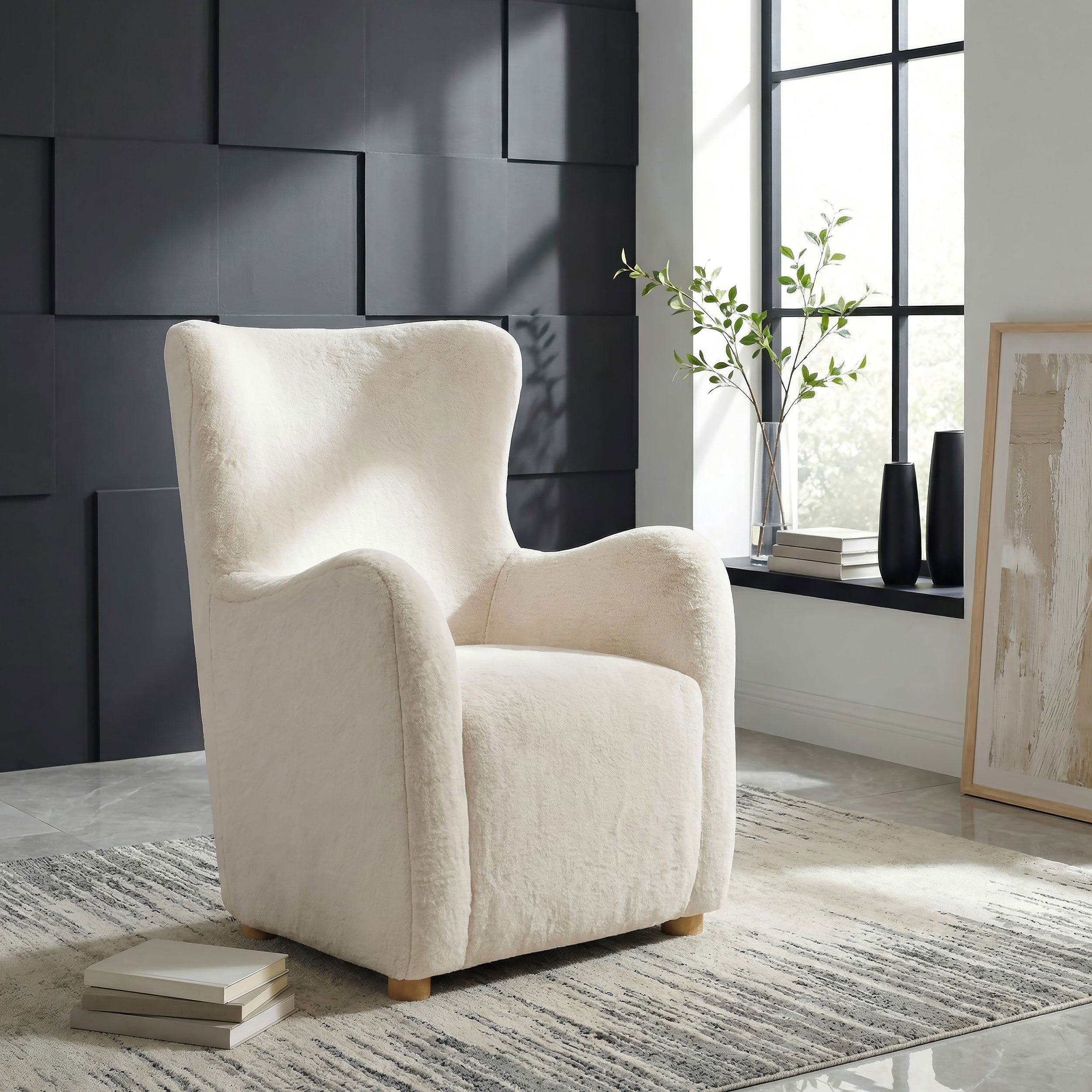 Thornton Faux Fur Upholstered Wingback Lounge Accent Chair Ivory — view 2