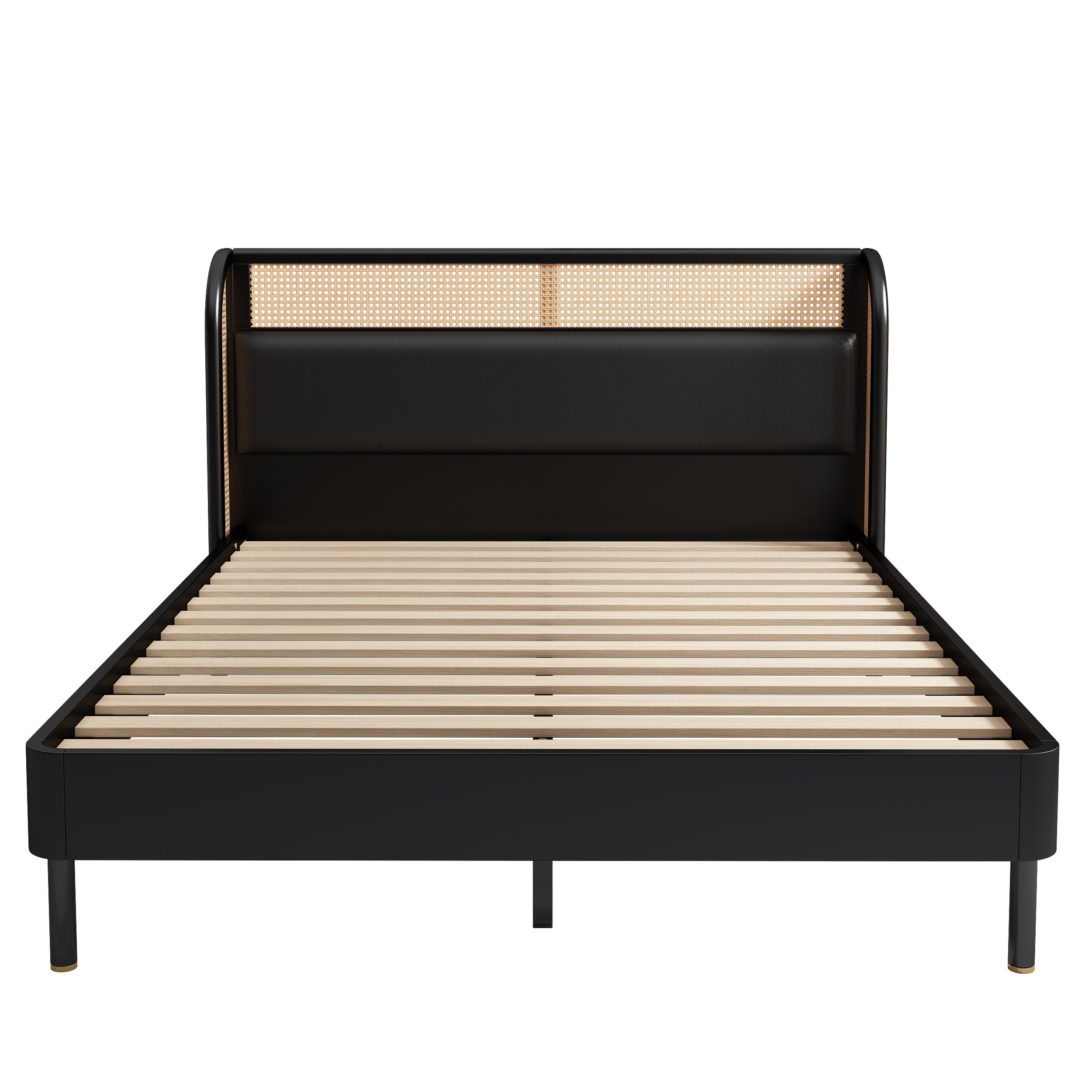 Modern Cannage Rattan Wood Platform Queen Bed, Black
