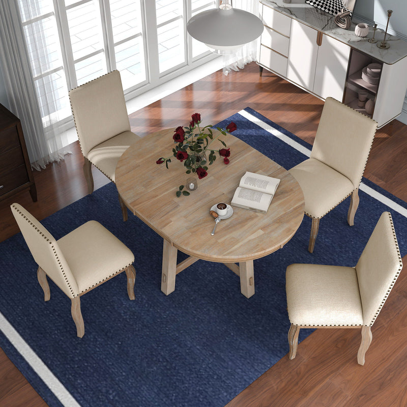 Farmhouse Dining Table Set Wood Round Extendable Dining Table And Upholstered Dining Chairs