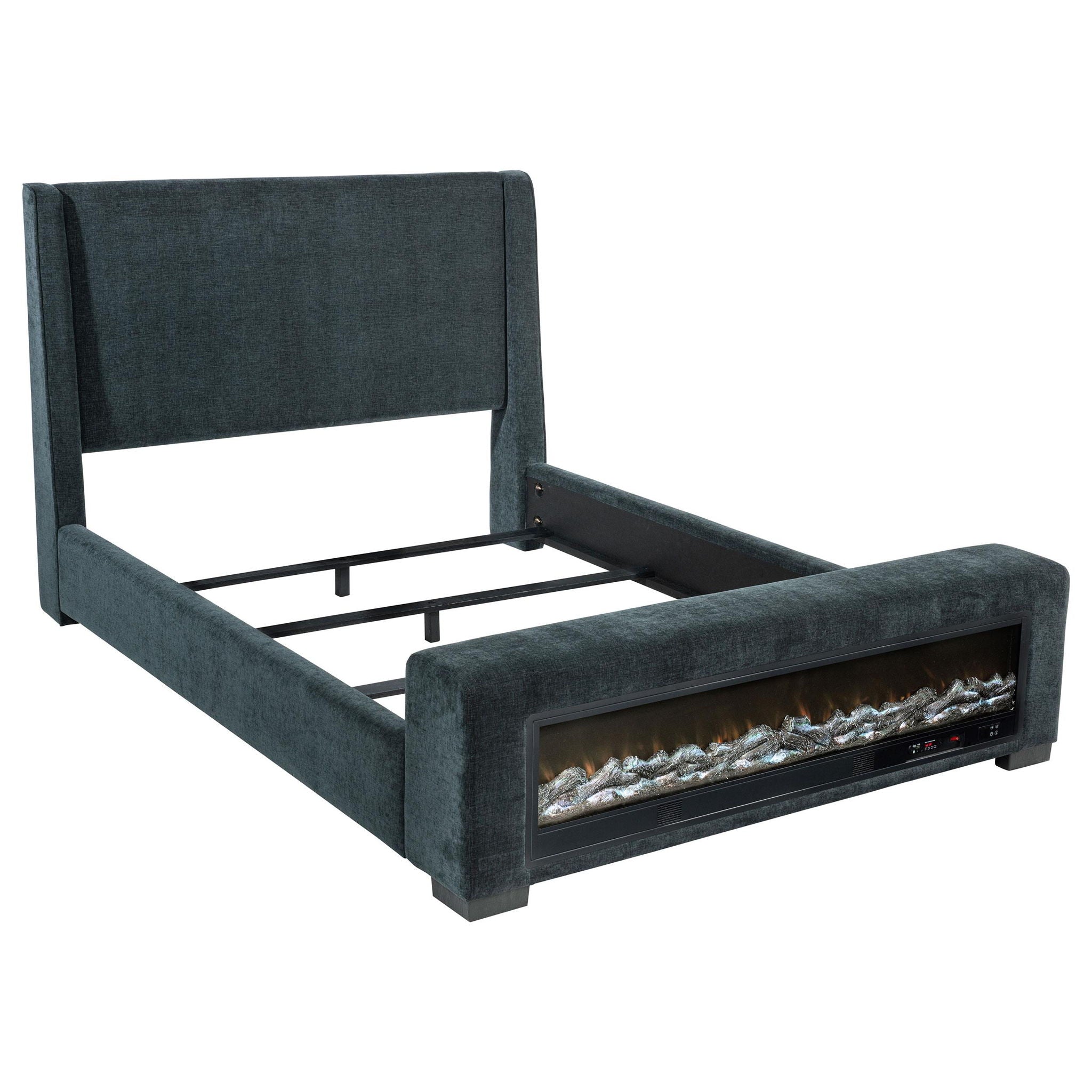 Preston Upholstered California King Audio Flame Visualizer Bed Dark Blue