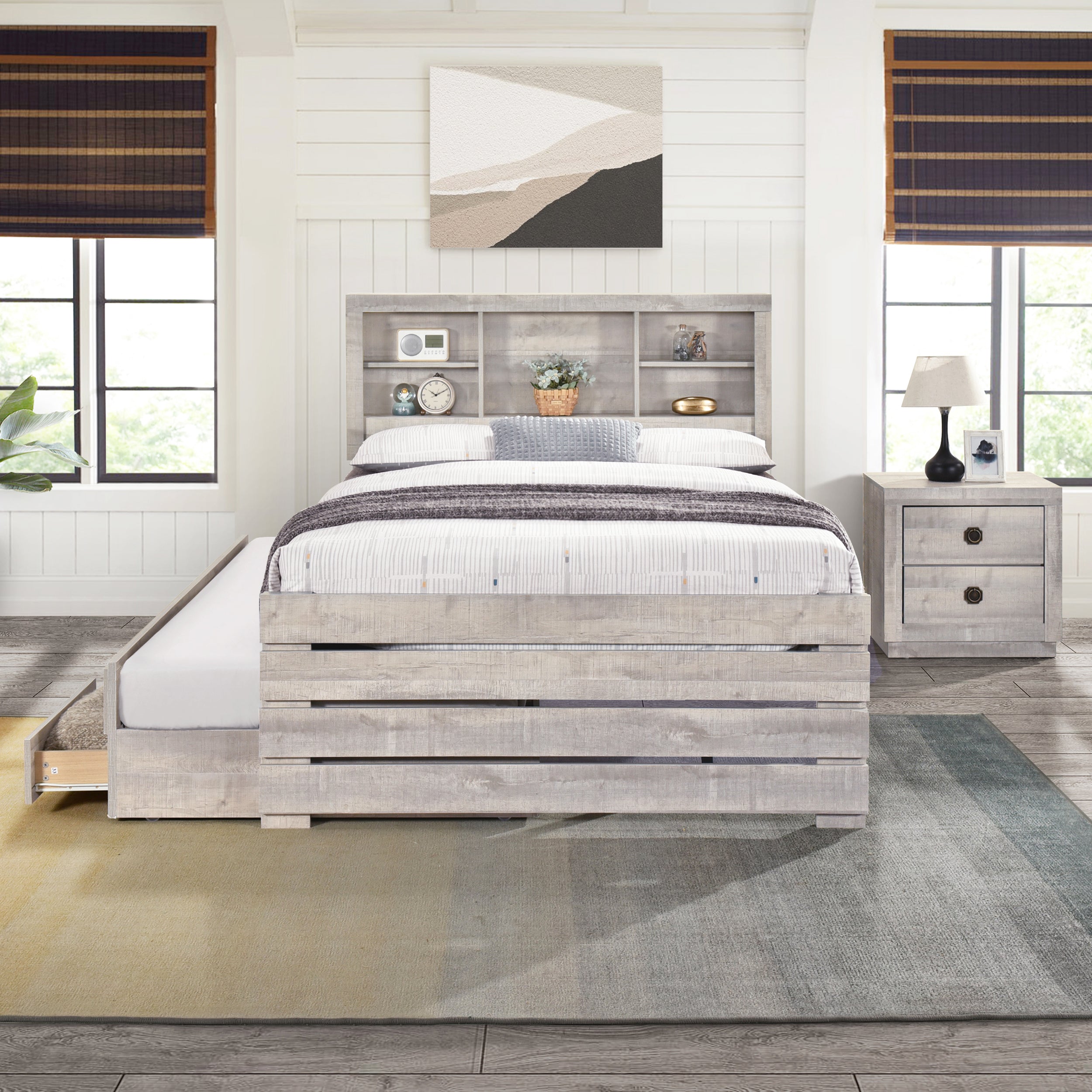 Farmhouse Style Full Size Bookcase Captain Bed with Three Drawers and Trundle, Rustic White - Atlantic Fine Furniture Melbourne FL