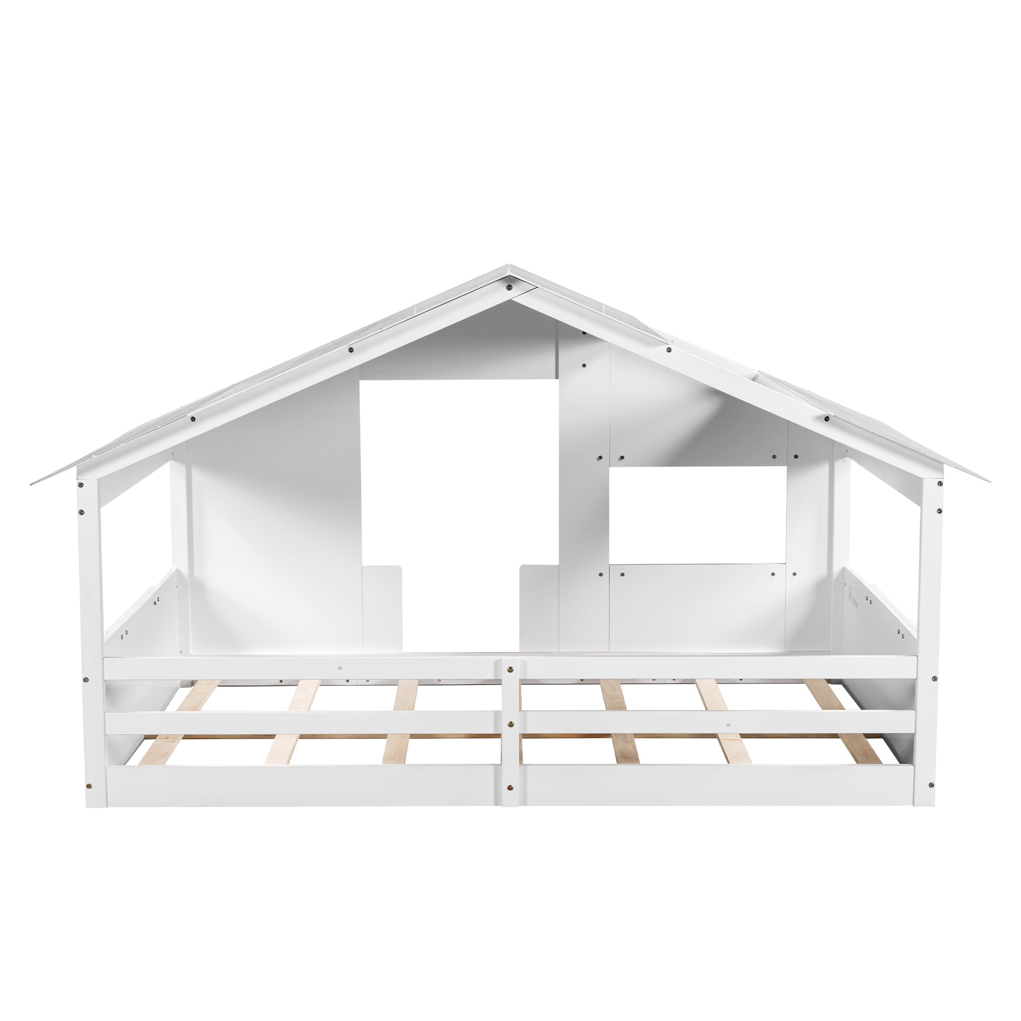 Wood Full Size House Bed with Roof, Window and Guardrail, White - Atlantic Fine Furniture Melbourne FL