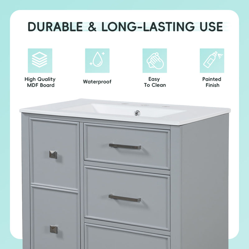 Bathroom Vanity With Ceramic Sink, Flip Out Drawer Design For Plumbing, Soft Close Drawers