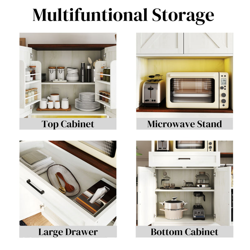 Farmhouse Kitchen Pantry Sideboard With Cabinet And Drawer, Multi Functional Kitchen Buffet With Hutch And Glass Holder, Microwave Stand With Charging Station - Brown / Antique White
