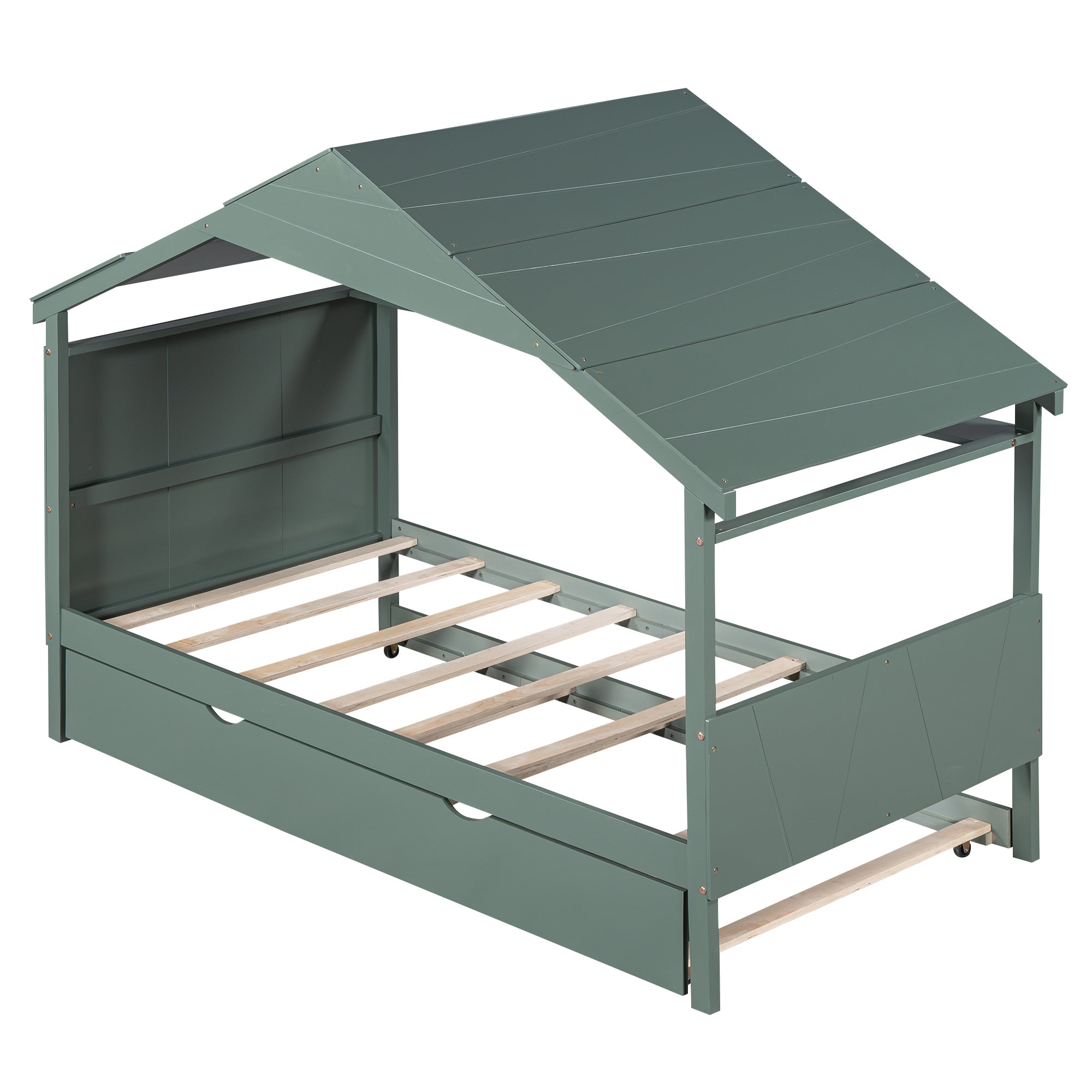Wood Twin Size House Bed with Trundle and Storage, Green - Atlantic Fine Furniture Melbourne FL